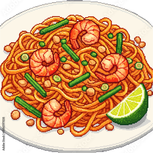 Delicious pixel art illustration of shrimp and noodles with green beans and lime, perfect for food blogs or culinary websites
