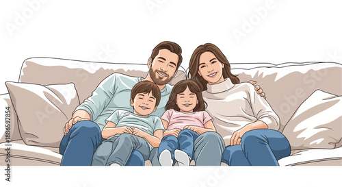 Illustration of a family sitting together on a sofa, depicting a moment of togetherness and warmth in a cozy living room.