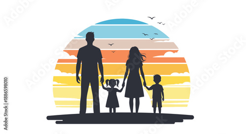 Family of four standing together watching a serene sunset with birds flying overhead in a peaceful landscape.
