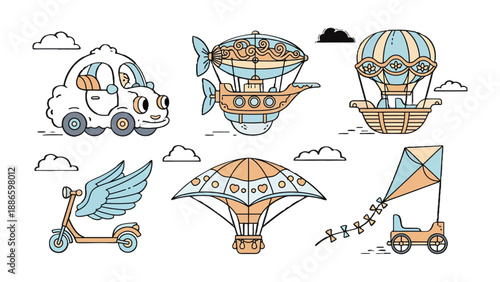 Whimsical Transport Collection: An enchanting ensemble of playful illustrations featuring a charming assortment of vehicles, including a cloud-shaped car, a whimsical airship.