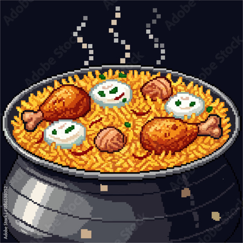 Pixel art depiction of a steaming pot of savory biryani with succulent chicken drumsticks and creamy dollops of raita
