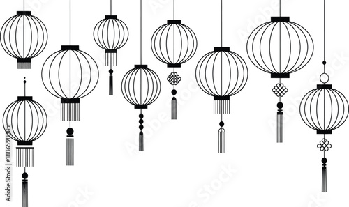 Black and white illustration of multiple hanging chinese lanterns with tassels