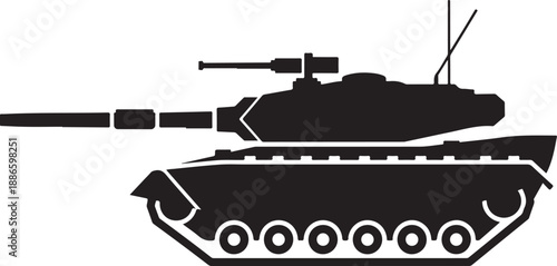 Military tank silhouette icon, military tank with long barrel and antenna, war tanks, showing turret, barrel, isolated on white background