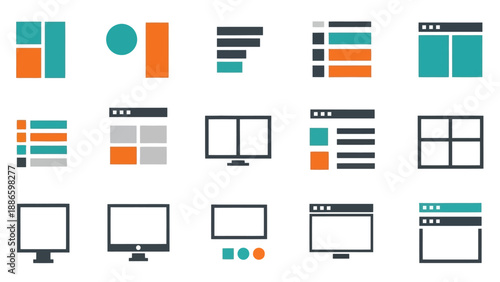 Collection of various digital device screens and UI elements displayed in a modern graphic design style