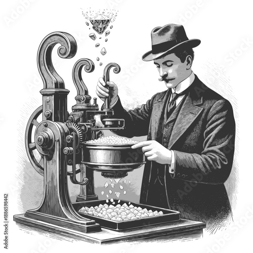 man using a mechanical press to transform rough stones into sparkling diamonds sketch engraving generative ai fictional character vector illustration. Scratch board imitation. Black and white image.
