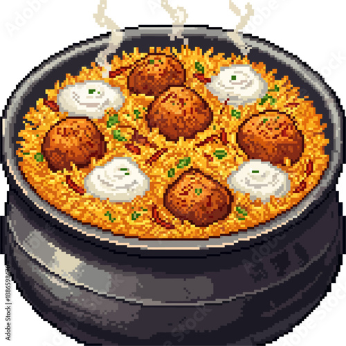 A steaming pot of pixelated biryani, brimming with succulent meatballs and flavorful rice, rendered in charming retro game art style, perfect for digital culinary themes