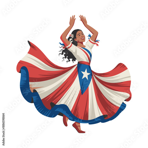 A Puerto Rican woman dancing in traditional attire with a flowing skirt in the colors of the Puerto Rican flag, her hands raised energetically, against a white background.