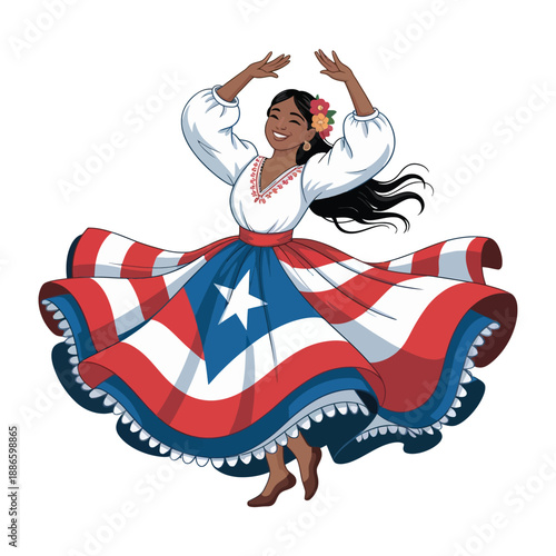 A Puerto Rican woman dancing in traditional attire with a flowing skirt in the colors of the Puerto Rican flag, her hands raised energetically, against a white background.