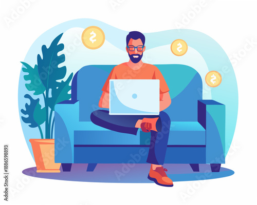 Man working on laptop at home with coins plant and comfortable decor