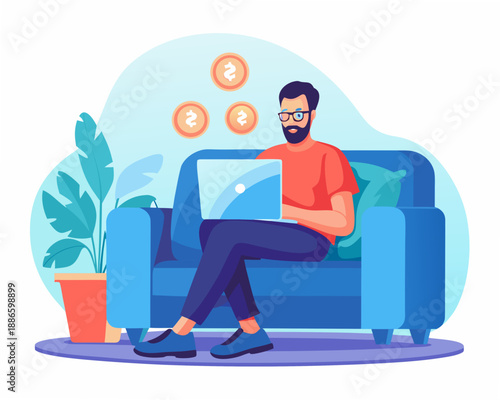 Man working on laptop from a comfortable sofa with coins and plants