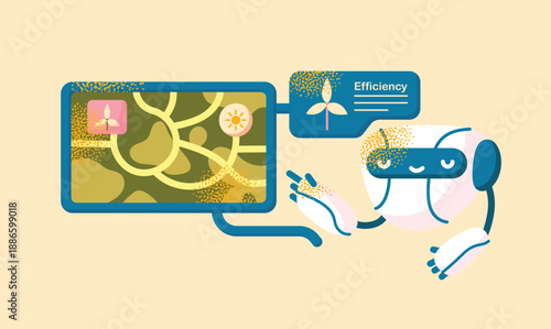 Cute AI Robot Character Monitoring Green Energy Efficiency and Wind Turbine Data on Digital Interface Screen for Sustainable Technology Renewable Ecology Ecosystem and Smart Grid Automation Vector