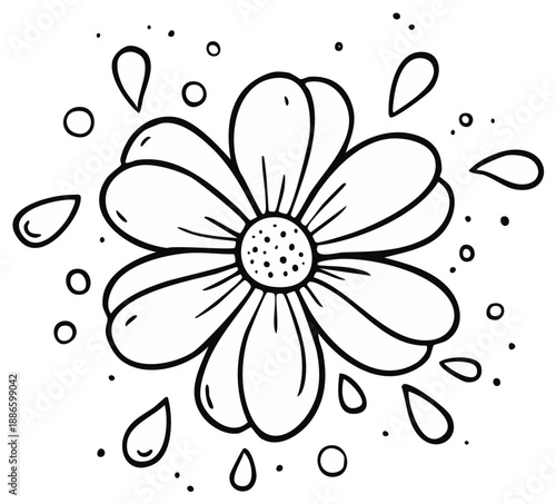 Simple outline drawing of a blooming flower with small circles and teardrop shapes around it