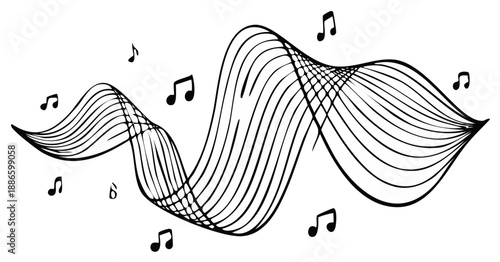 Musical Notes and Sound Wave Illustration, Black and White, Art, Creative Abstract Graphic Design