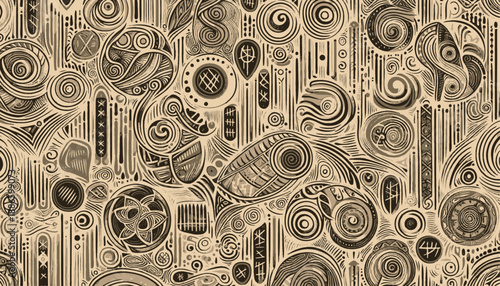 seamless pattern with abstract symbols spirals tally marks and ornaments