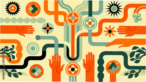 Abstract geometric pattern with hands suns and flowing lines in warm tones