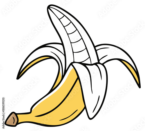 Cartoon peeled banana illustration depicting fruit, open peel, and edible interior for nutrition or healthy snacks