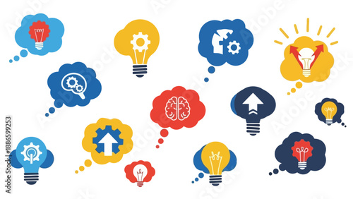 Creative ideas and innovation symbols represented by colorful light bulbs and thought bubbles in a digital illustration