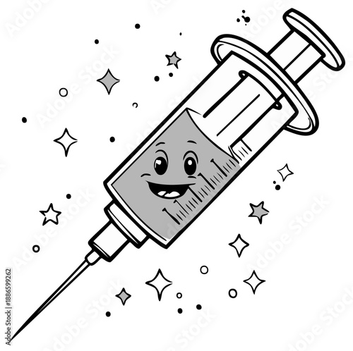 Friendly Cartoon Syringe with Liquid and Needle in Black and White Dotted with Stars for Medical Vaccine Use