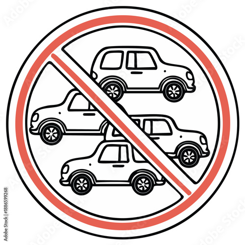 Prohibited Parking Symbol With Multiple Cars Inside a Circle with a Red Diagonal Line