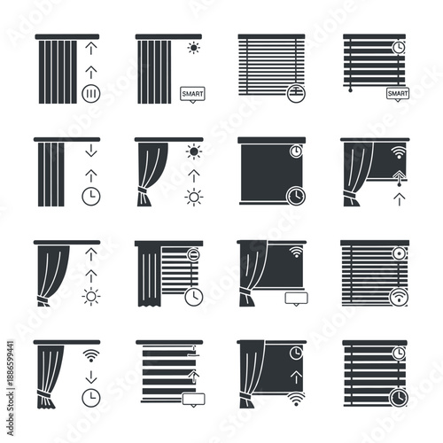 Smart Window Coverings Icons with Sun and Wi- Fi Symbols Keywords: smart home, window coverings, blinds, curtains, icons, set, collection, technology, automation, control, remote, sun, light
