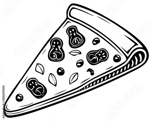 Black and white illustration of a pizza slice with toppings