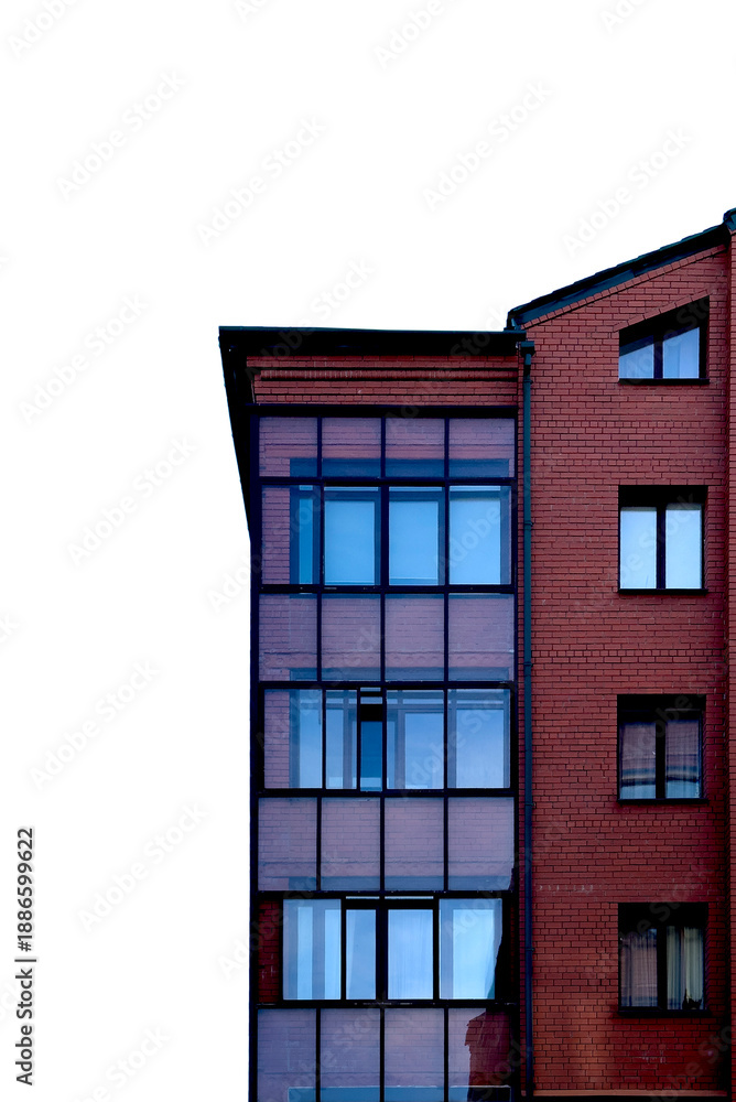Obraz premium Modern brick building facade with large glass windows isolated on white. Minimal urban architecture