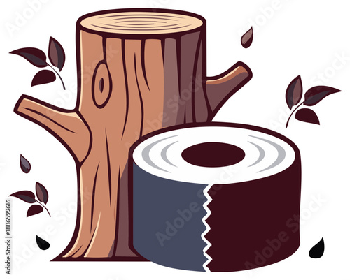 Cartoon Trunk, Toilet Paper Roll, Leaves Illustrate Ecological Issues, Conservation, and Creative Repurposing