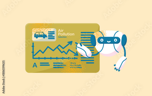 Friendly AI Robot Presenting Data Dashboard for Air Pollution Reduction and Environmental Protection, Vector Illustration of Cute Character Analyzing Green Tech Trends and Eco Growth