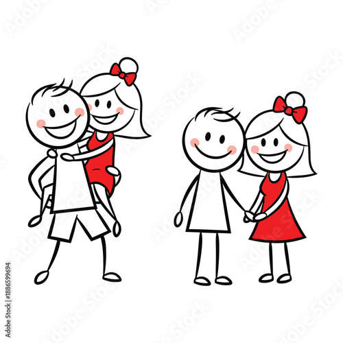 Stick Figure Couples in Playful and Romantic Poses Keywords: couple, stick figure, love, romance, relationship, playful, romantic, holding hands, piggyback, happy, smiling, cartoon, drawing