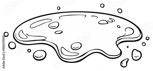 Line art illustration of liquid spill with many droplets scattered all around the big puddle on white background