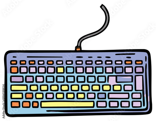 Colorful cartoon illustration of a wired computer keyboard with blank keys