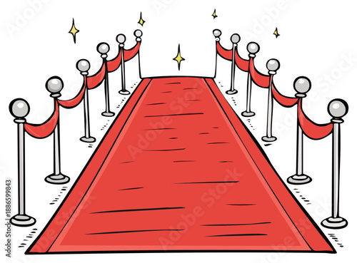 Cartoon red carpet with shining stanchions and velvet ropes for special event