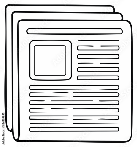 Clean Line Drawing of Stacked Newspapers with Headlines and Text Blocks