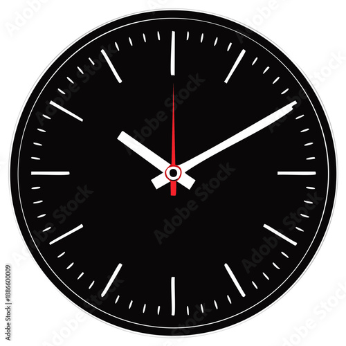 Minimalist black clock face with white hands and red second hand, isolated.