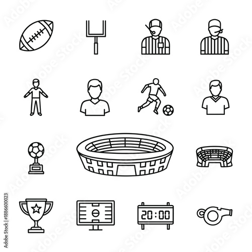 Collection of twelve line art icons related to football and soccer sports american football