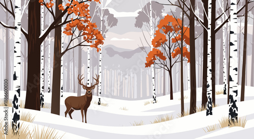 Majestic stag in a serene winter forest landscape, featuring colorful autumn foliage on birch trees and a snowy ground, a beautiful vector illustration