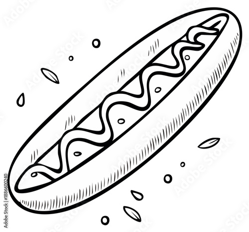 Hand drawn illustration of a delicious hot dog with mustard and ketchup on a bun with splashes