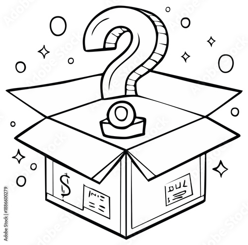 Mystery box containing a question mark illustration, curiosity and anticipation concept