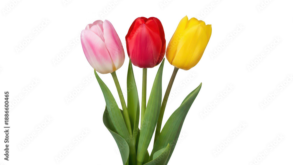 Obraz premium Three vibrant tulips in pink red and yellow hues isolated on transparent background