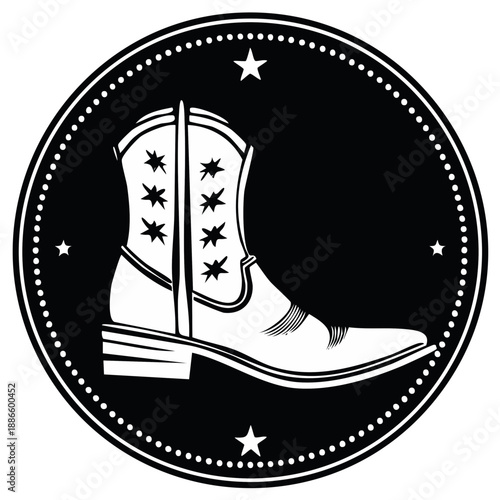 Western Cowboy Boot Icon in Black and White Star Accents for Graphic Design