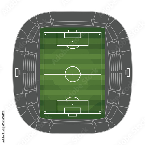 Top Down View Of A Football Stadium With Green Field And Seating aerial view soccer