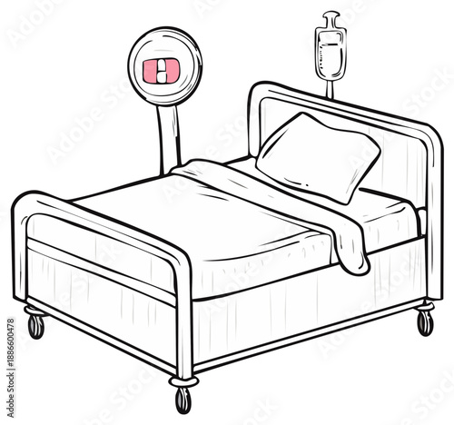 Hospital Bed with Capsule Medication, Treatment Drip, Patient Recovery, Hand Drawn Illustration