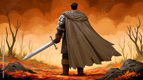 Lone Knight in Autumnal Pixel Art Landscape