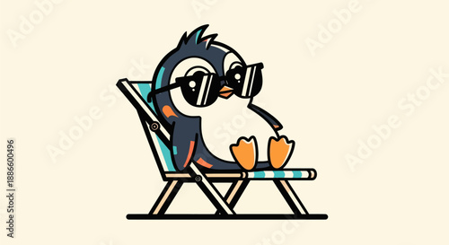 Cartoon penguin relaxing on a beach chair