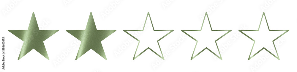 Obraz premium Two filled green stars with three outlined shapes isolated on white background. Low rating scale