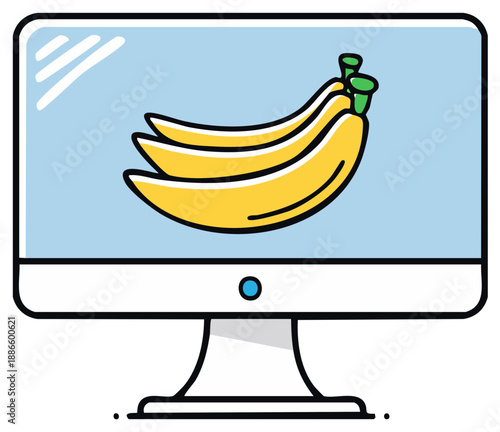 Digital screen displays a bunch of vibrant yellow bananas against a light blue background
