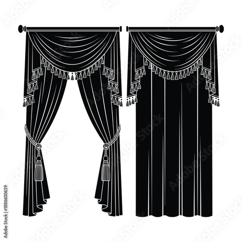 Black Silhouette Of Elegant Draped Curtains With Tassels And Cords drapes window treatments