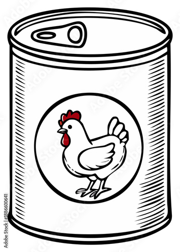 Cartoon Style Illustration of a White Aluminum Can with a Chicken Graphic Label for Ingredient or Recipe Use