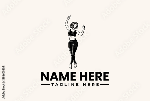 Black and white illustration of a woman in a dynamic pose with raised arms, standing against a clean background with placeholder text for a logo or brand name.