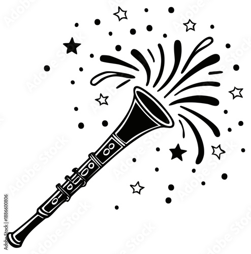 Illustration of a celebratory clarinet with exploding graphic and stars.